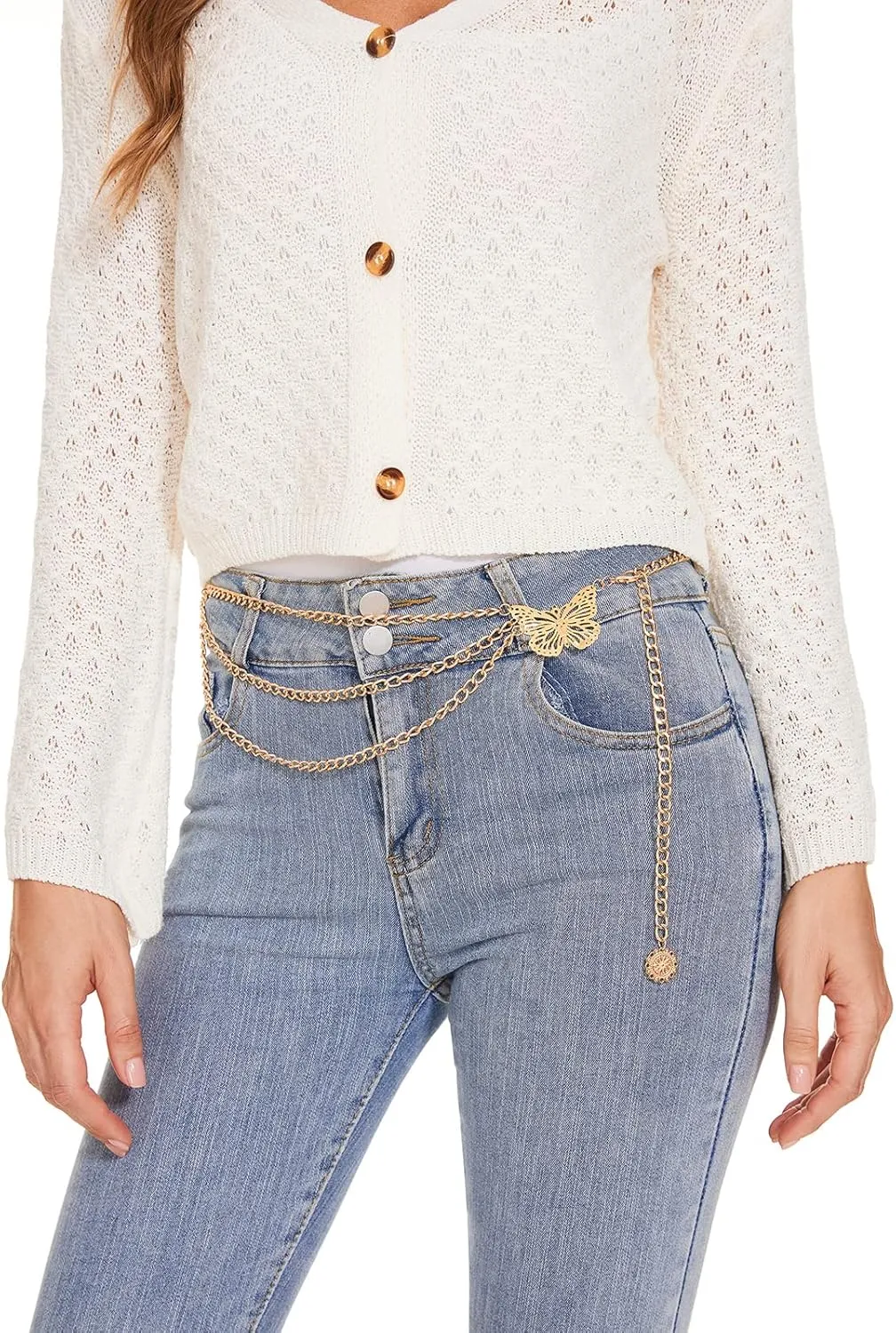 Multilayer Metal Waist Chain Belt for Women, Adjustable Women Long Belt Body Belly Jewelry for Dresses Jeans Trousers