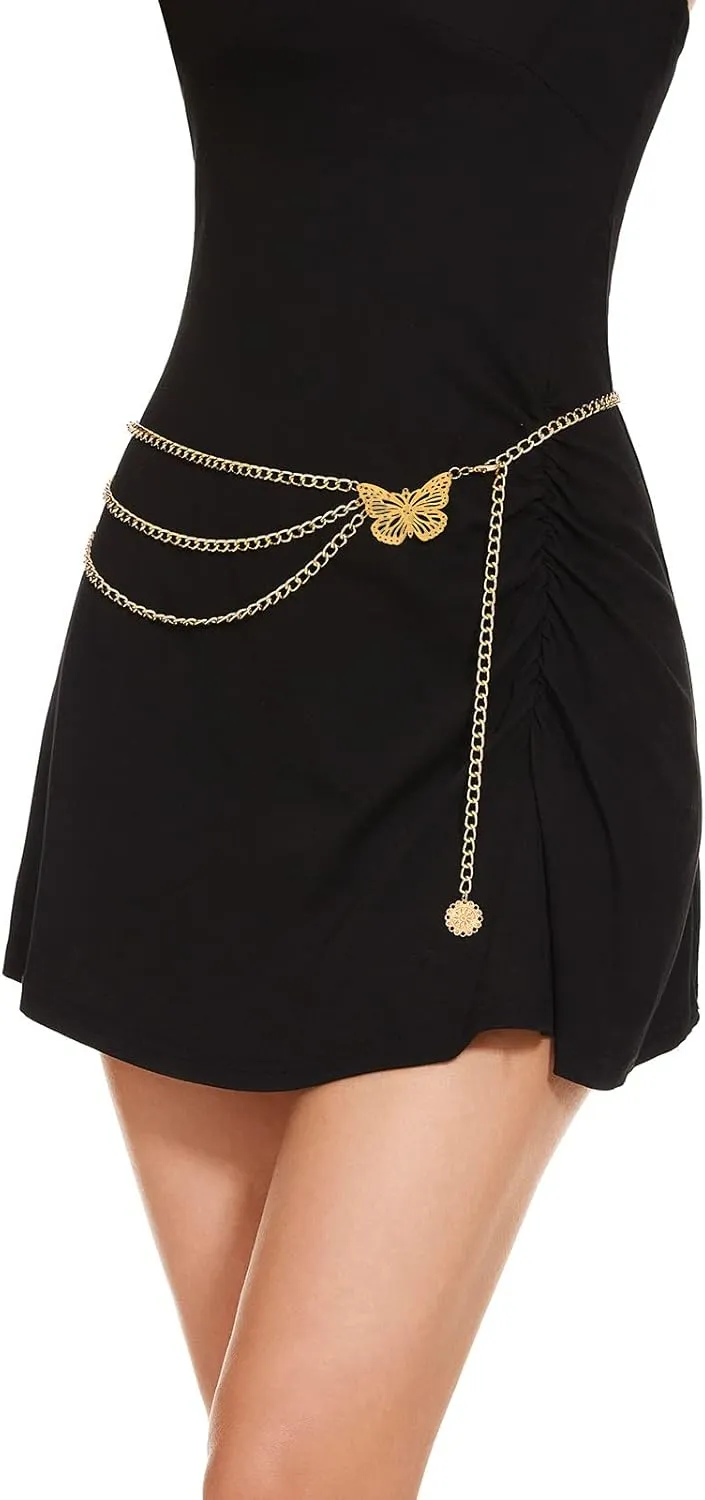 Multilayer Metal Waist Chain Belt for Women, Adjustable Women Long Belt Body Belly Jewelry for Dresses Jeans Trousers