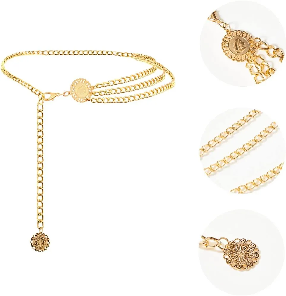 Multilayer Metal Waist Chain Belt for Women, Adjustable Women Long Belt Body Belly Jewelry for Dresses Jeans Trousers