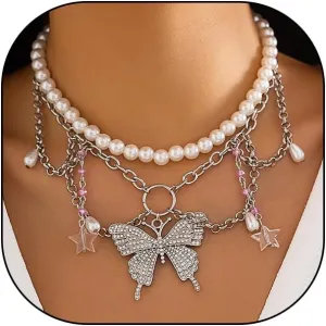 Multiple Layering Butterfly Y2k Necklace for Women,Vintage Pearl Link Chain Choker Necklace Chunky Insect Pendant Necklace Jewelry Accessories