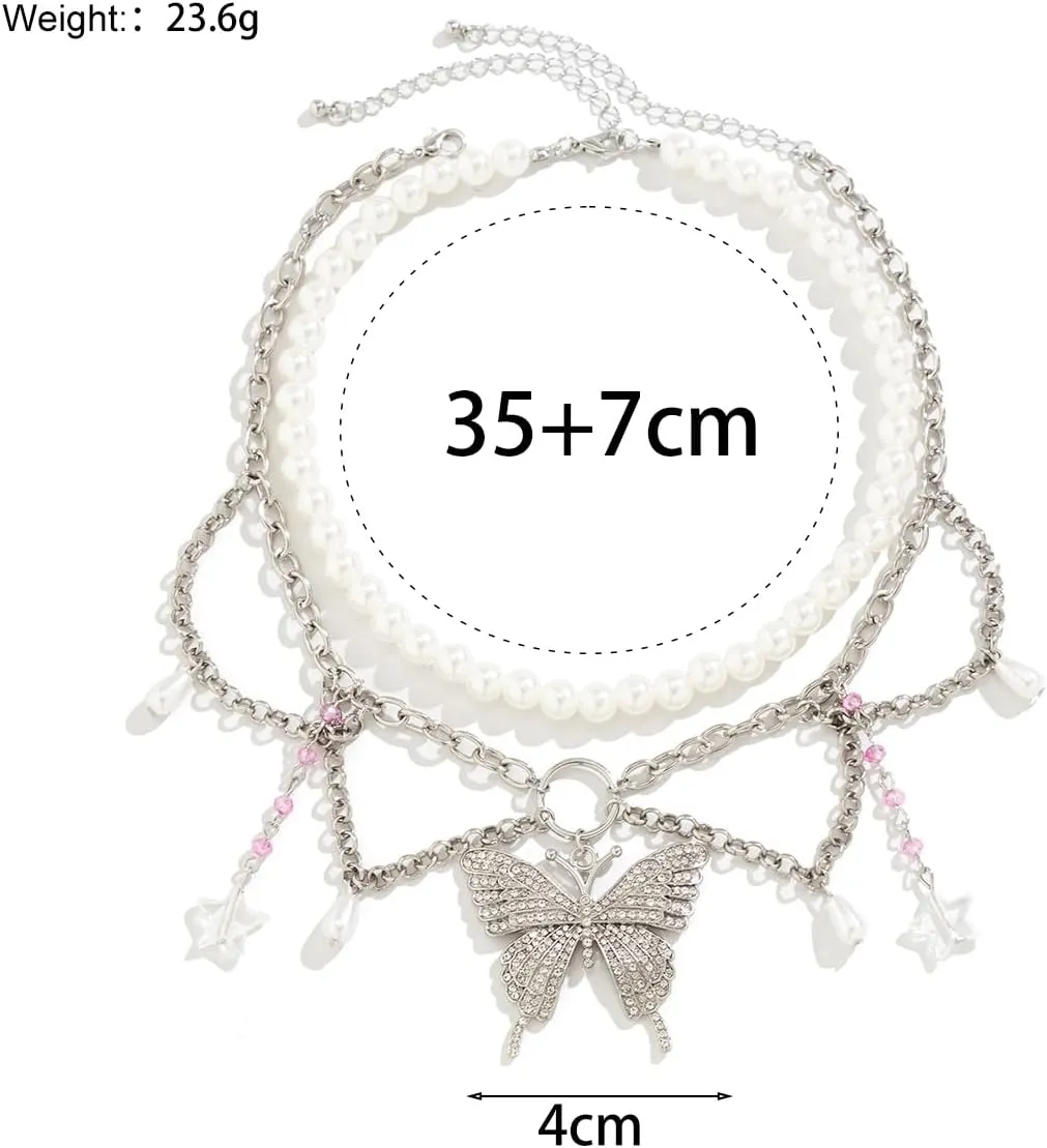 Multiple Layering Butterfly Y2k Necklace for Women,Vintage Pearl Link Chain Choker Necklace Chunky Insect Pendant Necklace Jewelry Accessories