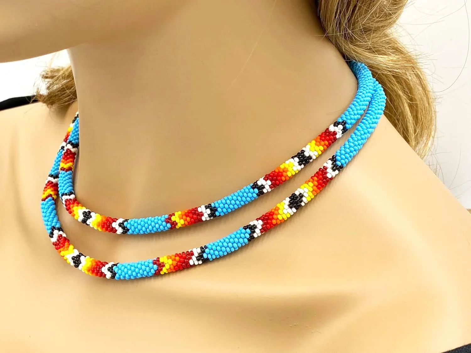 Native Style Beaded Double Strand Rope Necklace for Women Handmade