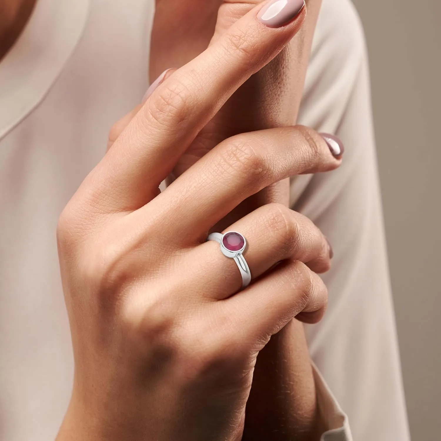 Natural Gemstone Solitaire Rings for Women in Sterling Silver, Birthstone Jewelry Gifts for Her Birthday, Anniversary, Christmas (Bezel-Set, Oval/Pear/Round)