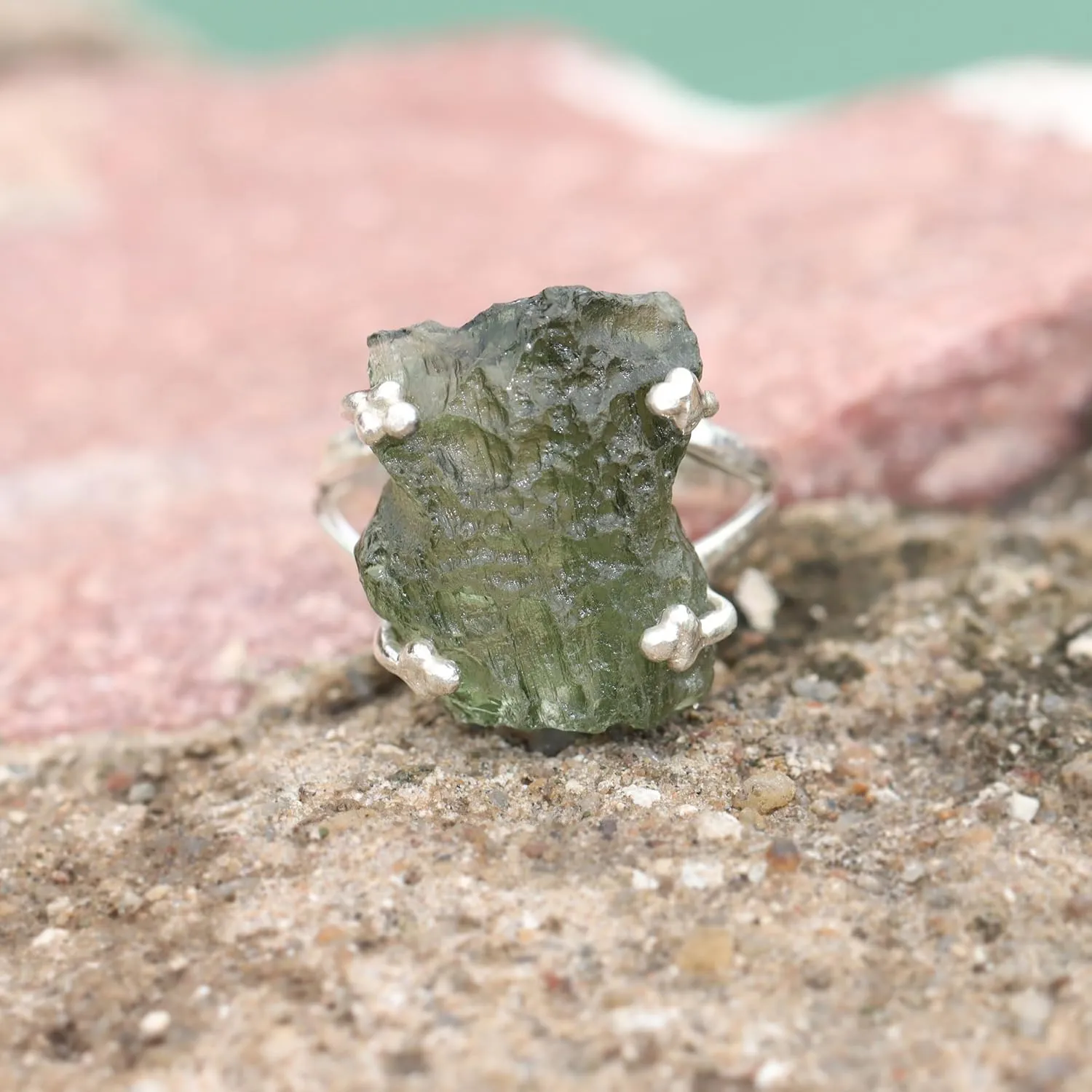 Natural Moldavite Ring 925 Sterling Silver Women's Ring Certified Moldavite From Czech Republic Handmade Silver Ring Anniversary Ring, Green/silver