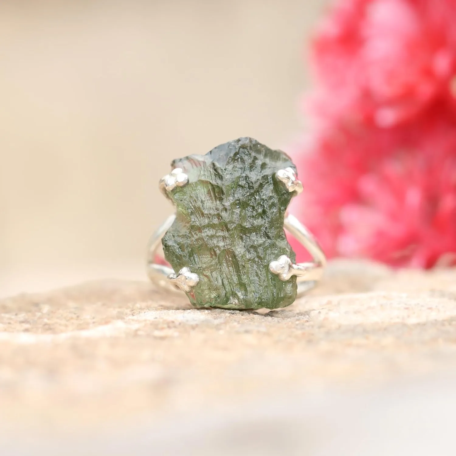 Natural Moldavite Ring 925 Sterling Silver Women's Ring Certified Moldavite From Czech Republic Handmade Silver Ring Anniversary Ring, Green/silver