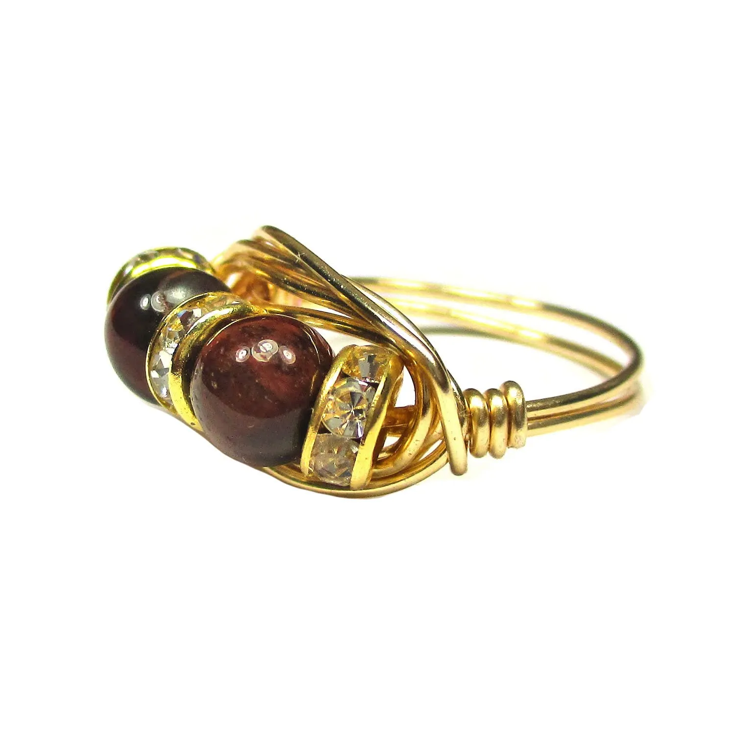 Natural Red Tiger Eye Duet Handmade Copper-Gold-Silver Wire Wrap Womens Ring Jewelry Gift for Her Hand-Crafted in USA