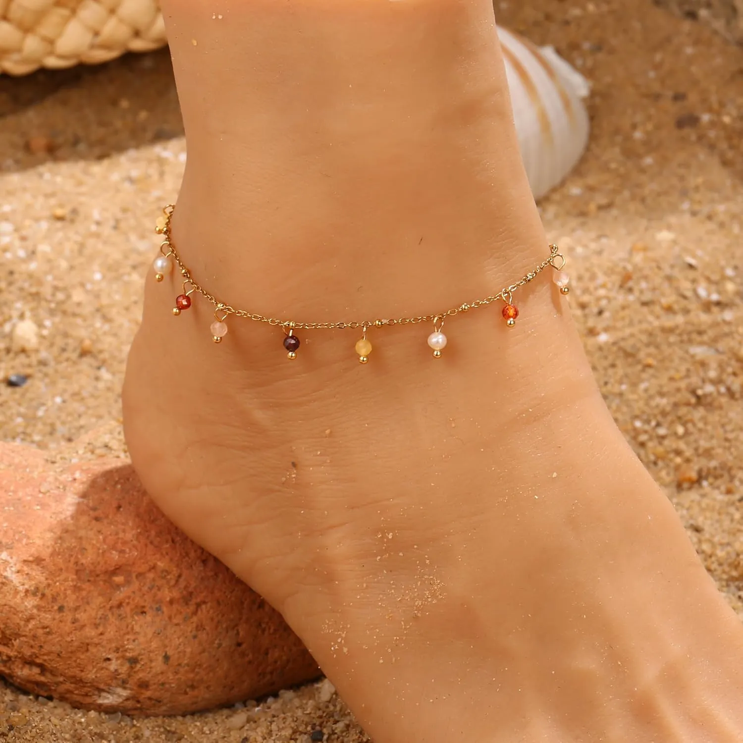 Natural Stone anklet for Women 14K Gold Plated waterproof Dainty Colorful Beaded Charm Delicate Cute Summer Boho Beach Anklet Jewelry Gift Sister, best friend, Birthday