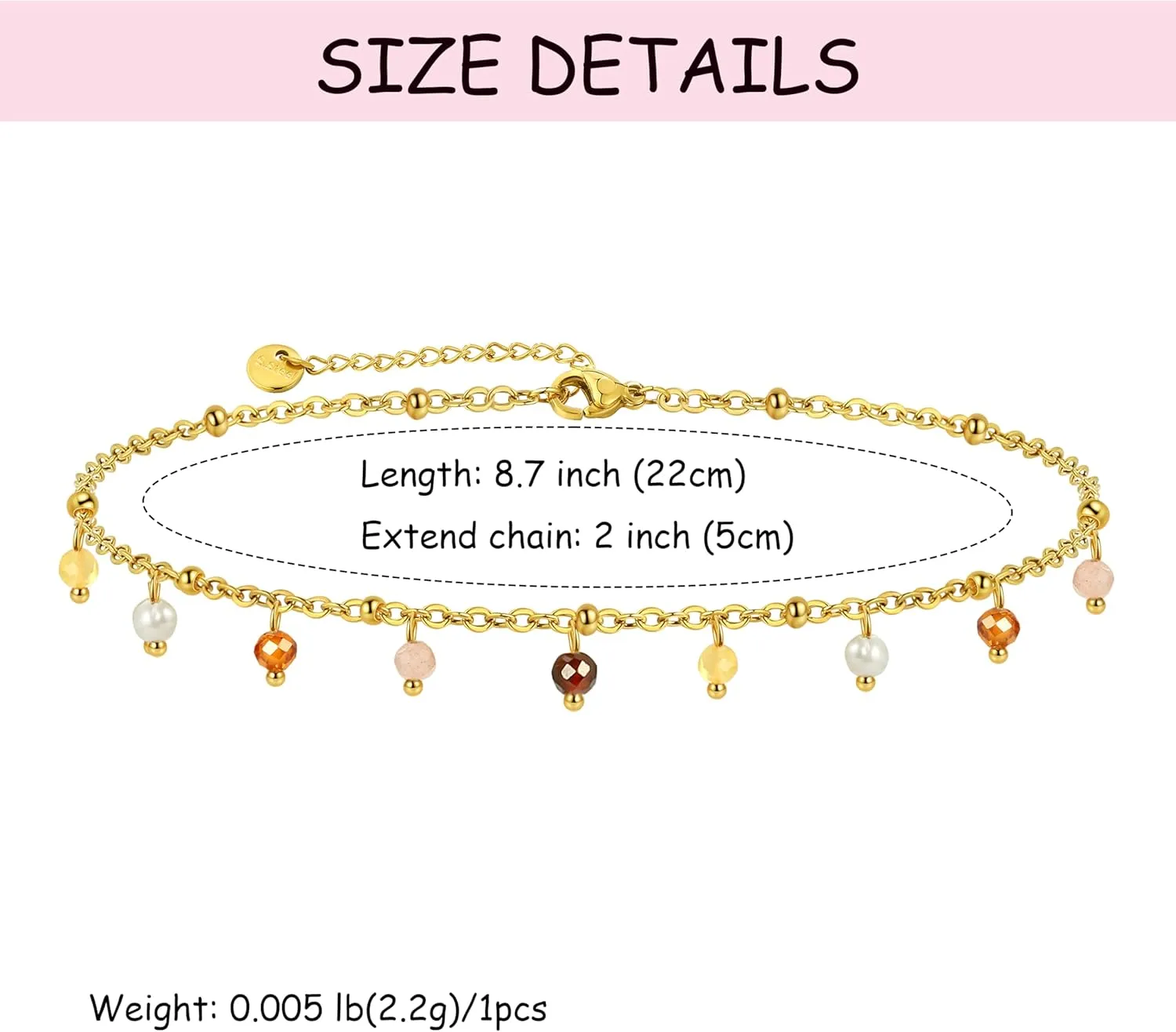 Natural Stone anklet for Women 14K Gold Plated waterproof Dainty Colorful Beaded Charm Delicate Cute Summer Boho Beach Anklet Jewelry Gift Sister, best friend, Birthday