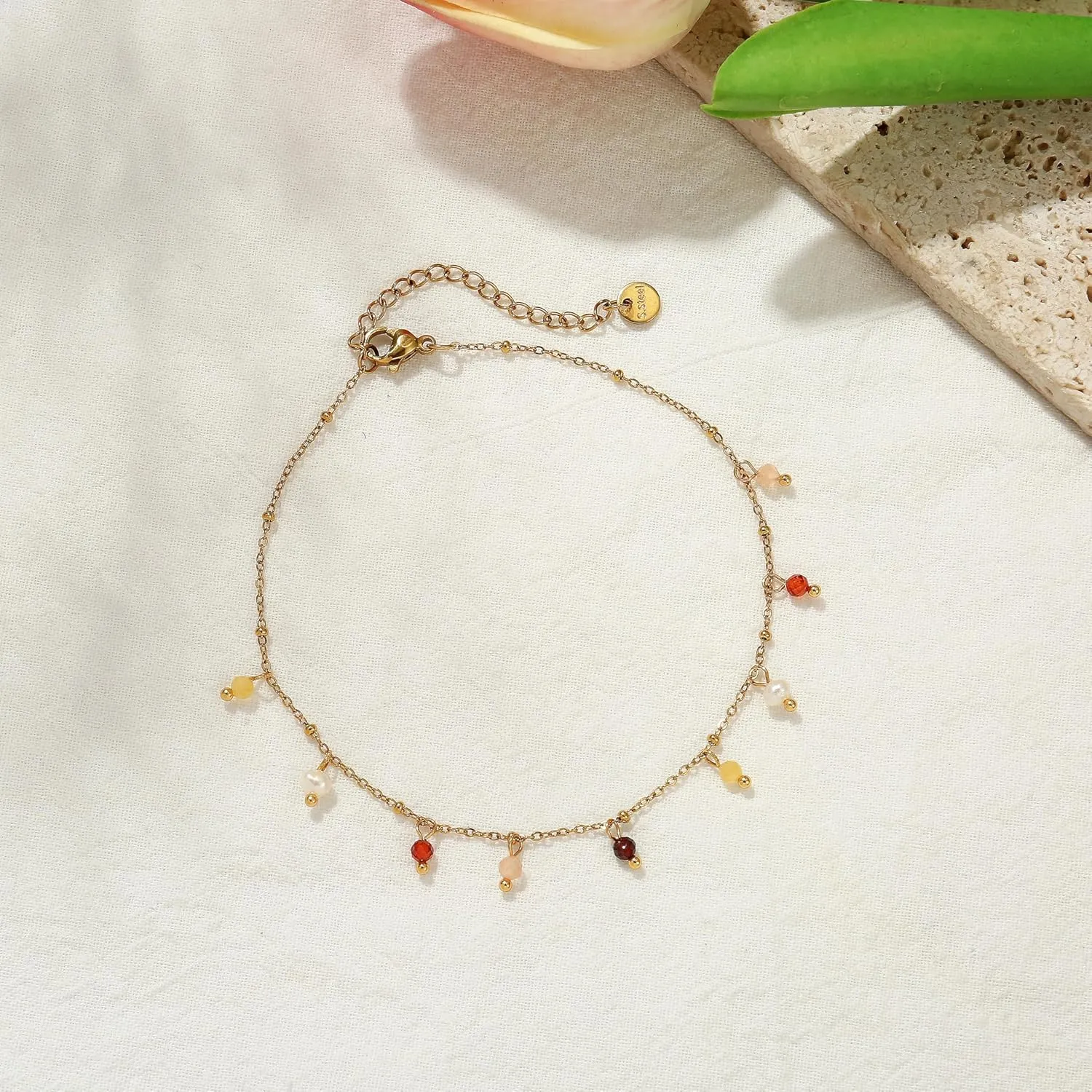 Natural Stone anklet for Women 14K Gold Plated waterproof Dainty Colorful Beaded Charm Delicate Cute Summer Boho Beach Anklet Jewelry Gift Sister, best friend, Birthday