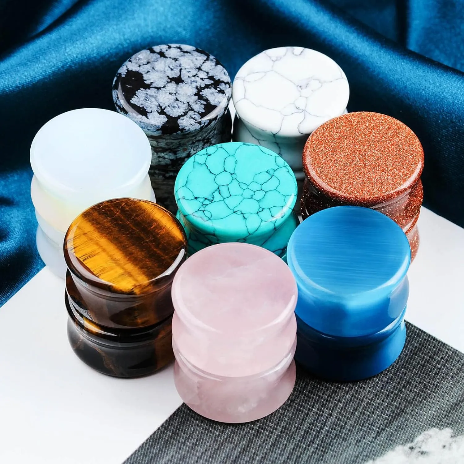 Natural Stone Ear Plugs Stretching Gauges Kit,16Pcs Mixed 6MM-20MM Saddle Double Flare Tunnel Unisex Earrings Body Jewelry