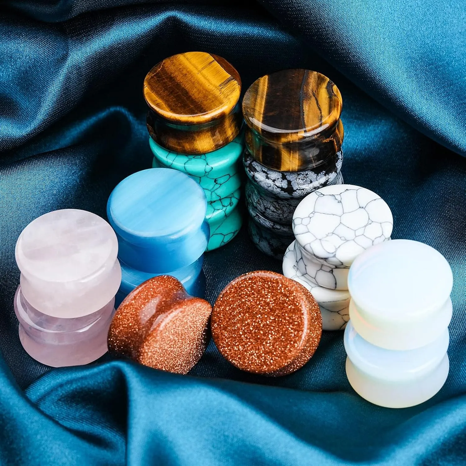 Natural Stone Ear Plugs Stretching Gauges Kit,16Pcs Mixed 6MM-20MM Saddle Double Flare Tunnel Unisex Earrings Body Jewelry