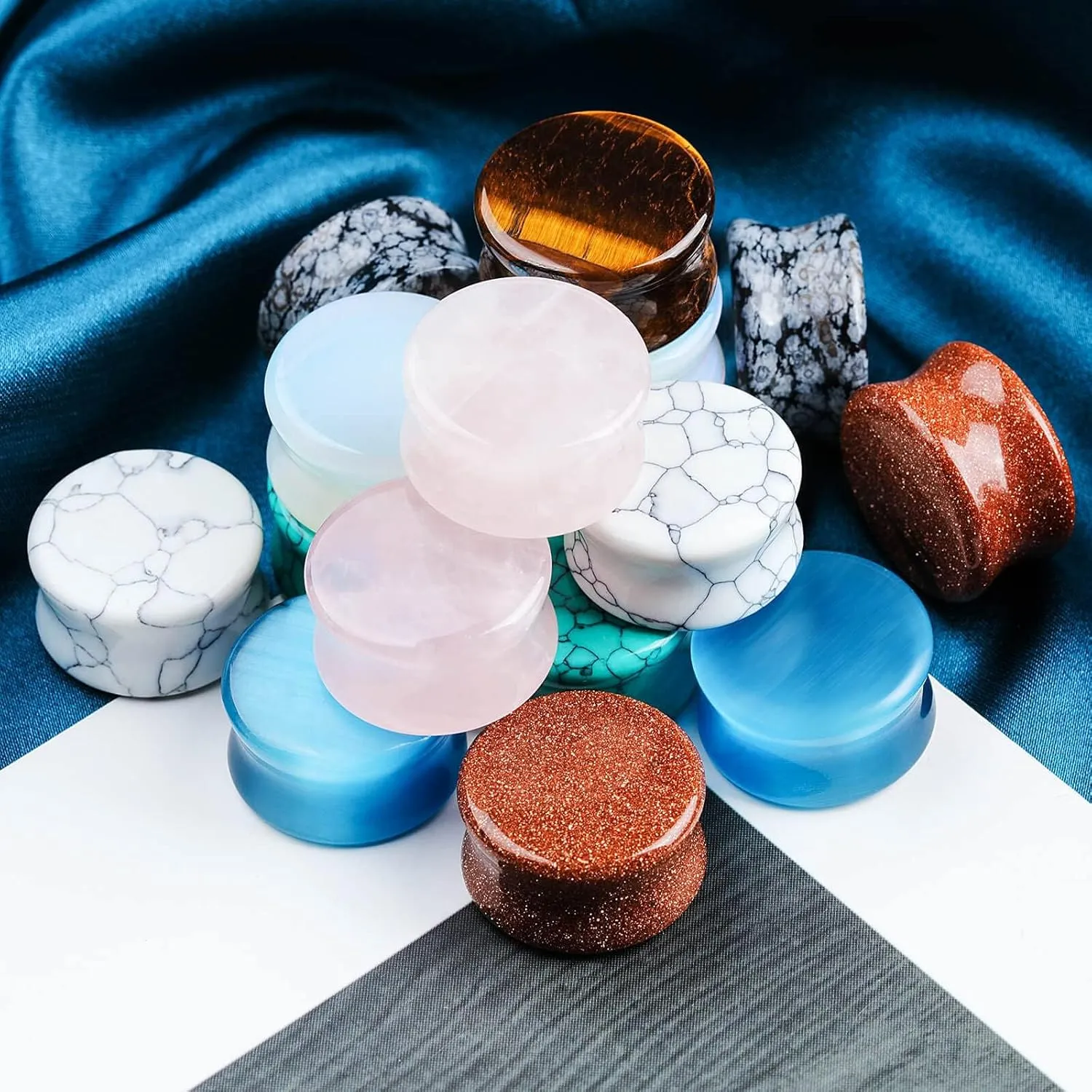 Natural Stone Ear Plugs Stretching Gauges Kit,16Pcs Mixed 6MM-20MM Saddle Double Flare Tunnel Unisex Earrings Body Jewelry