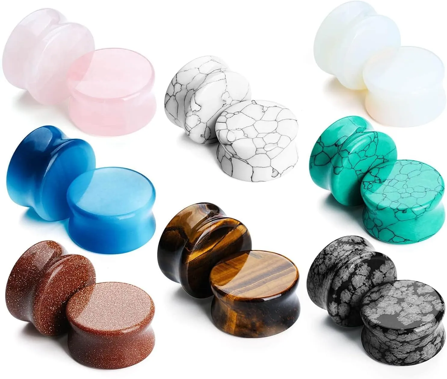 Natural Stone Ear Plugs Stretching Gauges Kit,16Pcs Mixed 6MM-20MM Saddle Double Flare Tunnel Unisex Earrings Body Jewelry