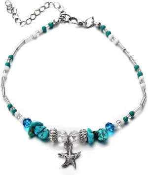 Natural Stone Starfish Anklet for Women, Turquoise/Opal Starfish Beach Anklets, Blue/White Nature Stone Seed Bead Ankle Bracelet, Adjustable Summer Foot Chain, Jewelry Gifts for Summer Vacation Birthday