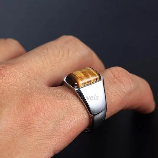 Natural Tiger Eye Ring 925 Sterling Silver Ring Handmade Gemstone Signet Ring for Men Tiger Eye Mens Ring Gift for Him