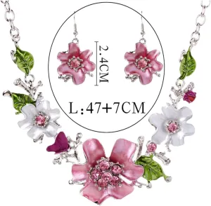 Necklace Chain for Women Girls, Multicolor Women Flower Rhinestone Inlaid Pendant Necklace Earrings Jewelry Set Pendant Necklace for Valentine's Day Gift Birthday Present