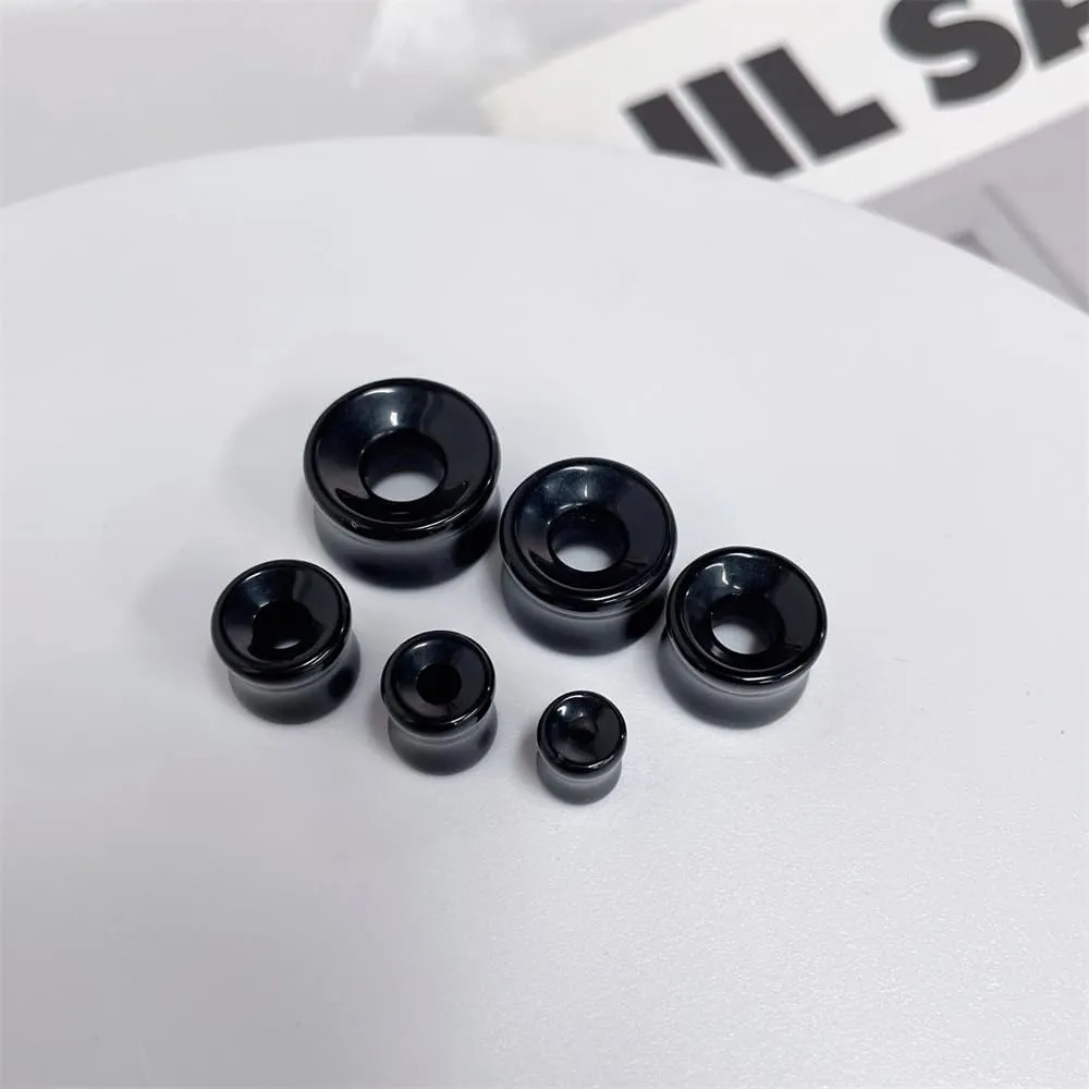NewZenro Hollow Black Obsidian Natural Stone Ear Plugs Gauges Tunnel Expanders Stretcher Saddle Organic Agate Double Flared Flesh Earrings for Men Women Fashion Piercings Body Jewelry Gift