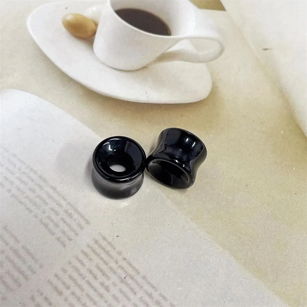 NewZenro Hollow Black Obsidian Natural Stone Ear Plugs Gauges Tunnel Expanders Stretcher Saddle Organic Agate Double Flared Flesh Earrings for Men Women Fashion Piercings Body Jewelry Gift