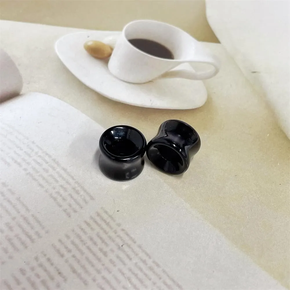 NewZenro Hollow Black Obsidian Natural Stone Ear Plugs Gauges Tunnel Expanders Stretcher Saddle Organic Agate Double Flared Flesh Earrings for Men Women Fashion Piercings Body Jewelry Gift