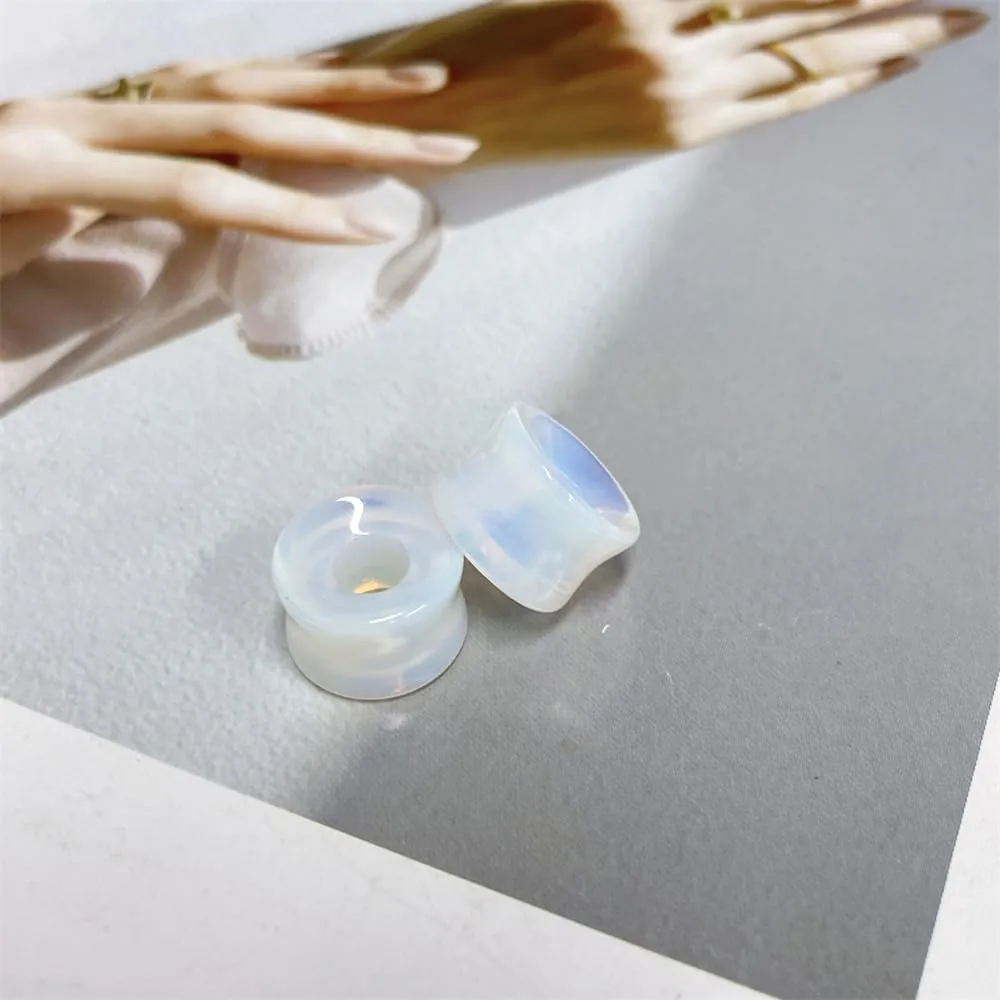 NewZenro Hollow Opalite Moon Stone Natural Stone Ear Plugs Gauges Tunnel Expanders Stretcher Saddle Organic Double Flared Flesh Earrings for Men Women Fashion Piercings Body Jewelry Gift