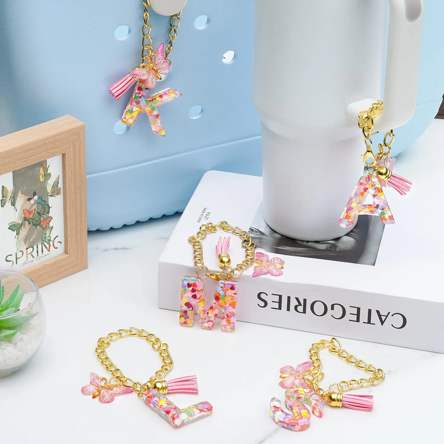 NiHome Letter Charm Accessories with Butterfly, Initial Letter Charm Accessories for Stanley Tumbler with Handle, Cute Initial Keychain for Women Girls