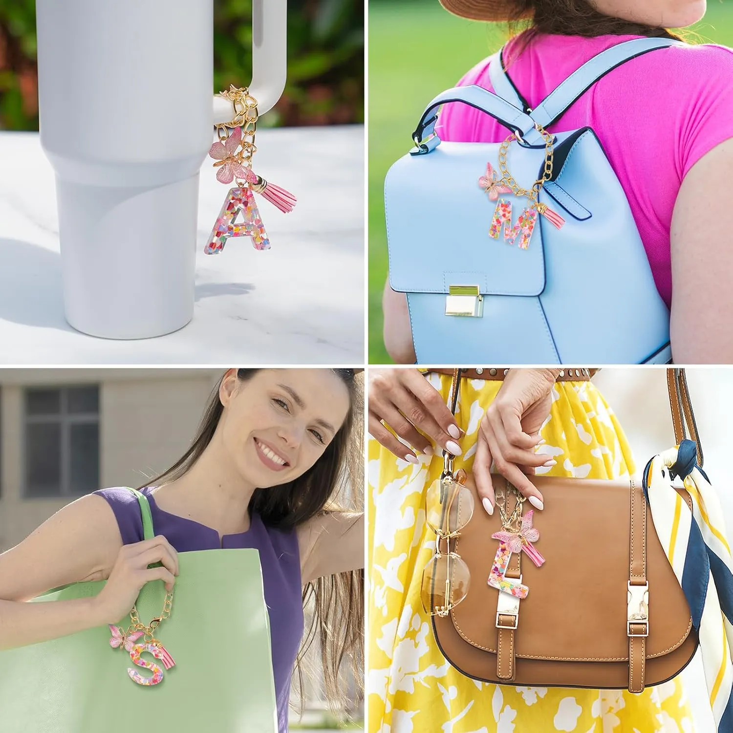 NiHome Letter Charm Accessories with Butterfly, Initial Letter Charm Accessories for Stanley Tumbler with Handle, Cute Initial Keychain for Women Girls