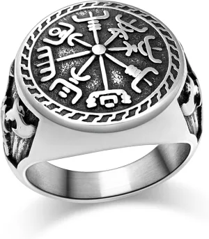 Nordic Battle Axe Ring Viking Vegvisir Pirate Compass Rings Stainless Steel/18K Gold Plated/Black Norse Symbol Vintage Jewelry for Men Women Send Gift Box
