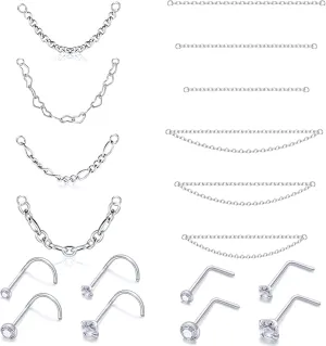 Nose Rings Chain Studs Piercings Jewelry 22/20/18G for Women Men Surgical Steel Double Chains Corkscrew l Shaped Bar Hypoallergenic