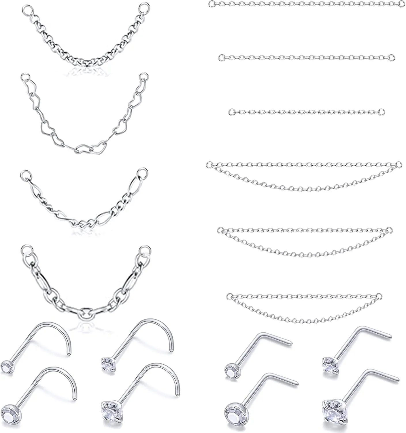 Nose Rings Chain Studs Piercings Jewelry 22/20/18G for Women Men Surgical Steel Double Chains Corkscrew l Shaped Bar Hypoallergenic