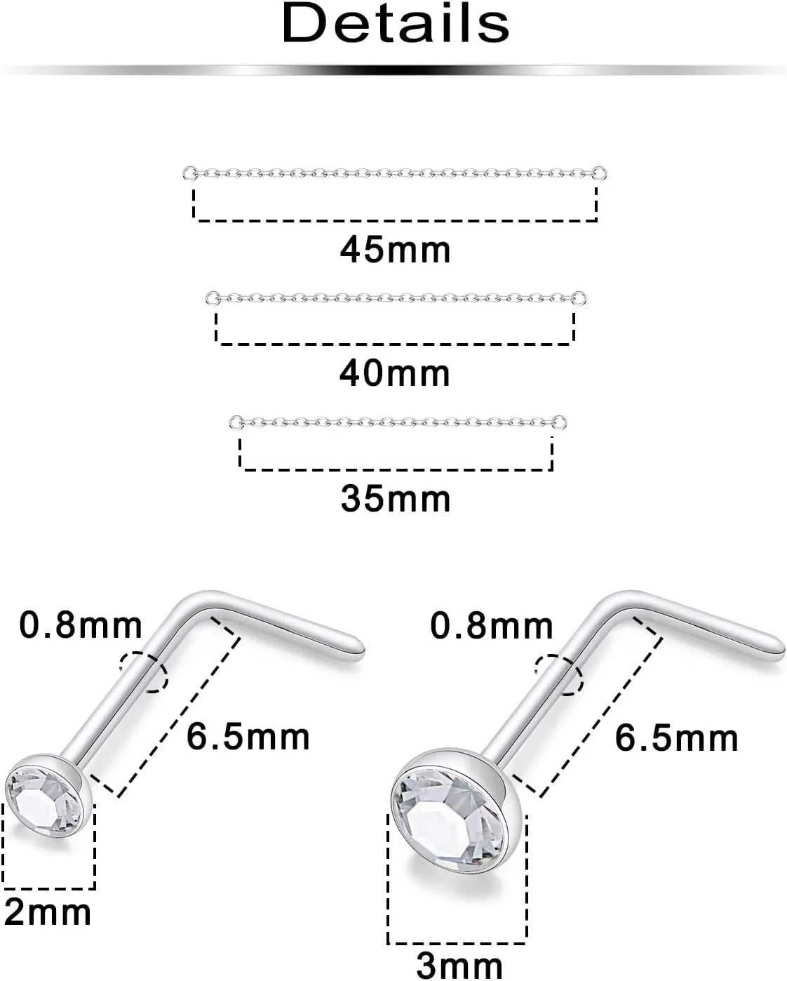 Nose Rings Chain Studs Piercings Jewelry 22/20/18G for Women Men Surgical Steel Double Chains Corkscrew l Shaped Bar Hypoallergenic