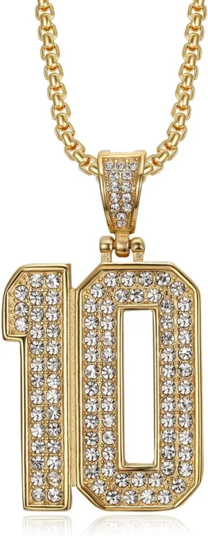 Number 10 Jersey Pendant Necklace Hip hop Necklace Stainless Steel Vacuum Gold Plated Diamond Set Number 10 Pendant Necklace Men's and Women's Chain