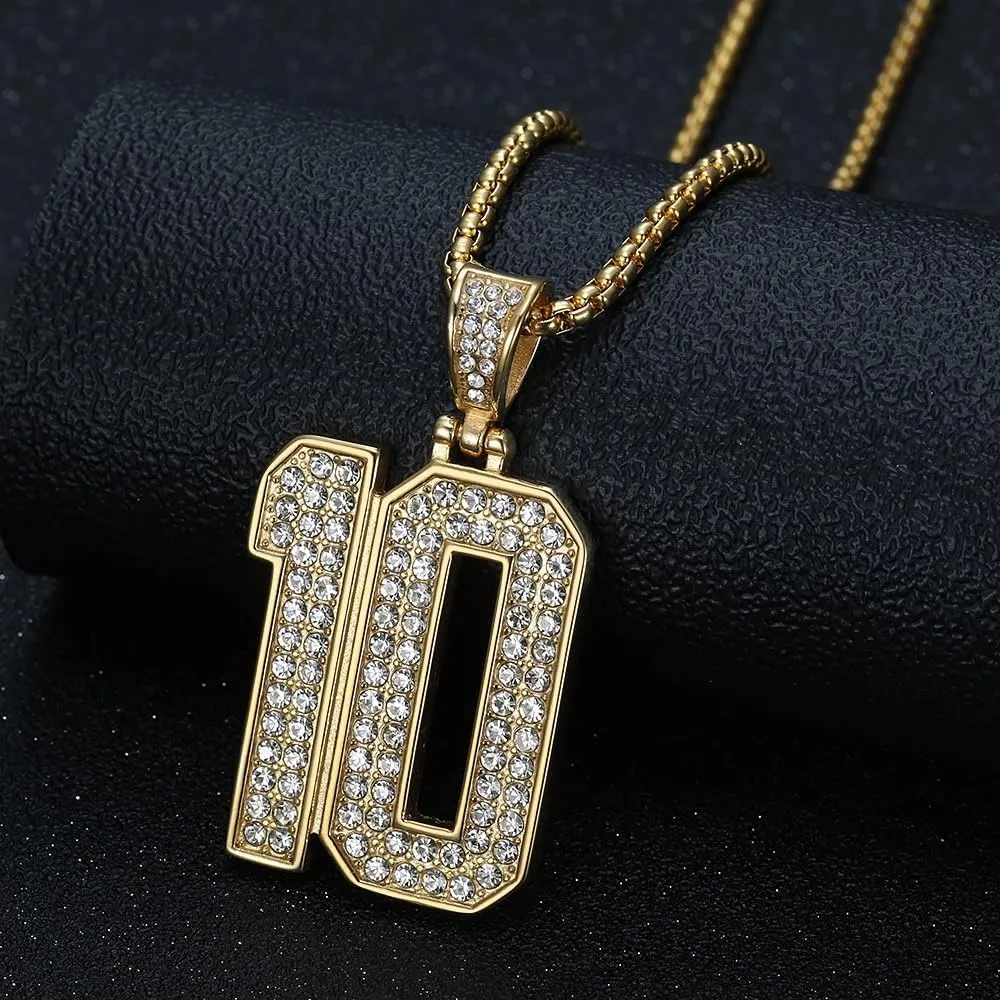 Number 10 Jersey Pendant Necklace Hip hop Necklace Stainless Steel Vacuum Gold Plated Diamond Set Number 10 Pendant Necklace Men's and Women's Chain
