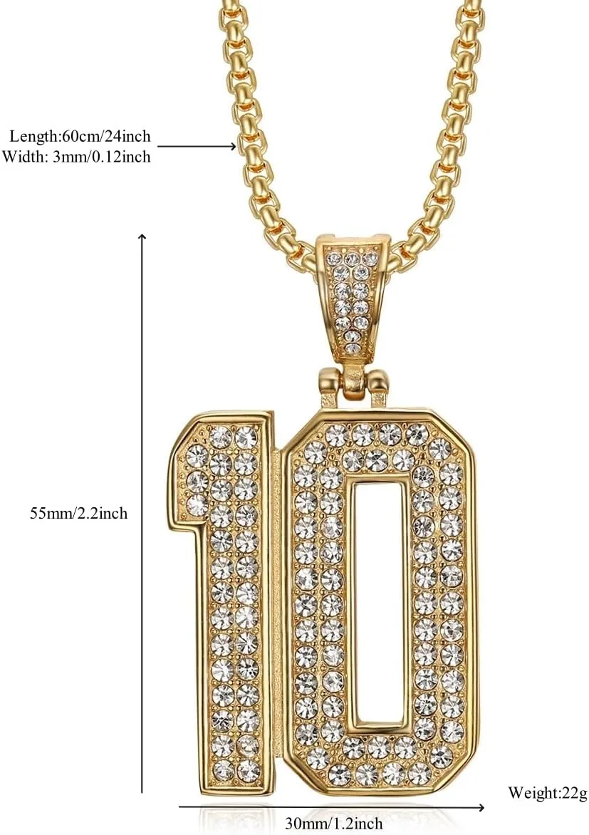Number 10 Jersey Pendant Necklace Hip hop Necklace Stainless Steel Vacuum Gold Plated Diamond Set Number 10 Pendant Necklace Men's and Women's Chain