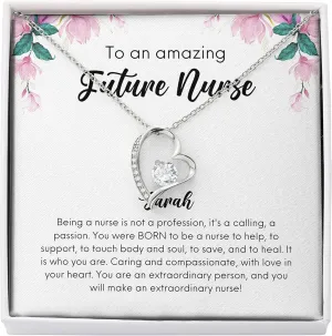 Nurse Necklace Silver Plated Luxury Heart - to an Amazing Future Nurse - Custom Name Graduation for Registered Nurse Workers RN CRNA