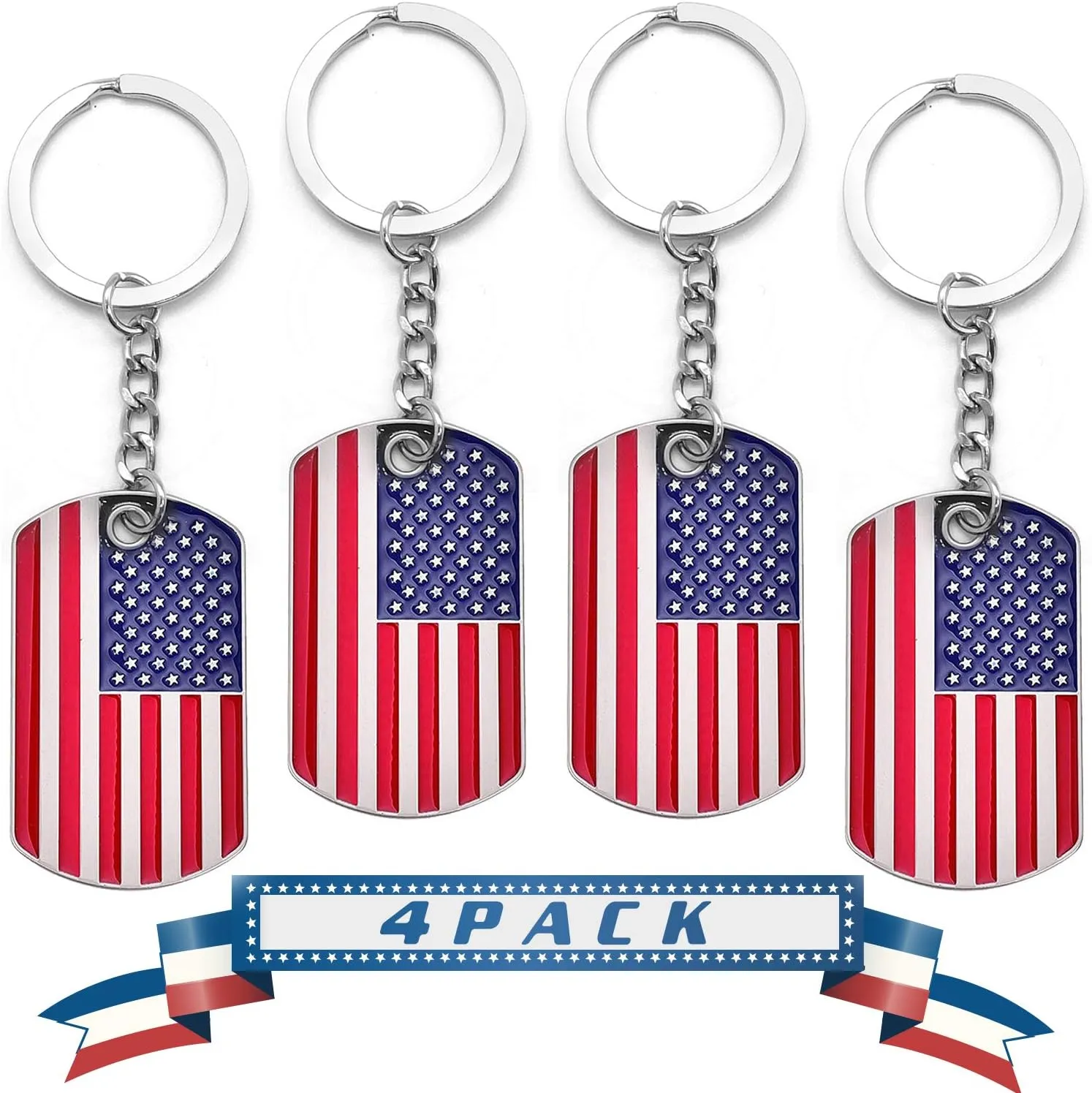 Official American Flag Keychains - Metal Key Rings Smooth Finish - USA Patriotic Flag Key Chain - Souvenir Gifts - Set of 4