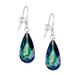 One Pair 24mm Austrian Crystal Teardrop Sterling Silver or Clip-On Earrings  Color Choices (bermuda blue, sterling silver earwires)