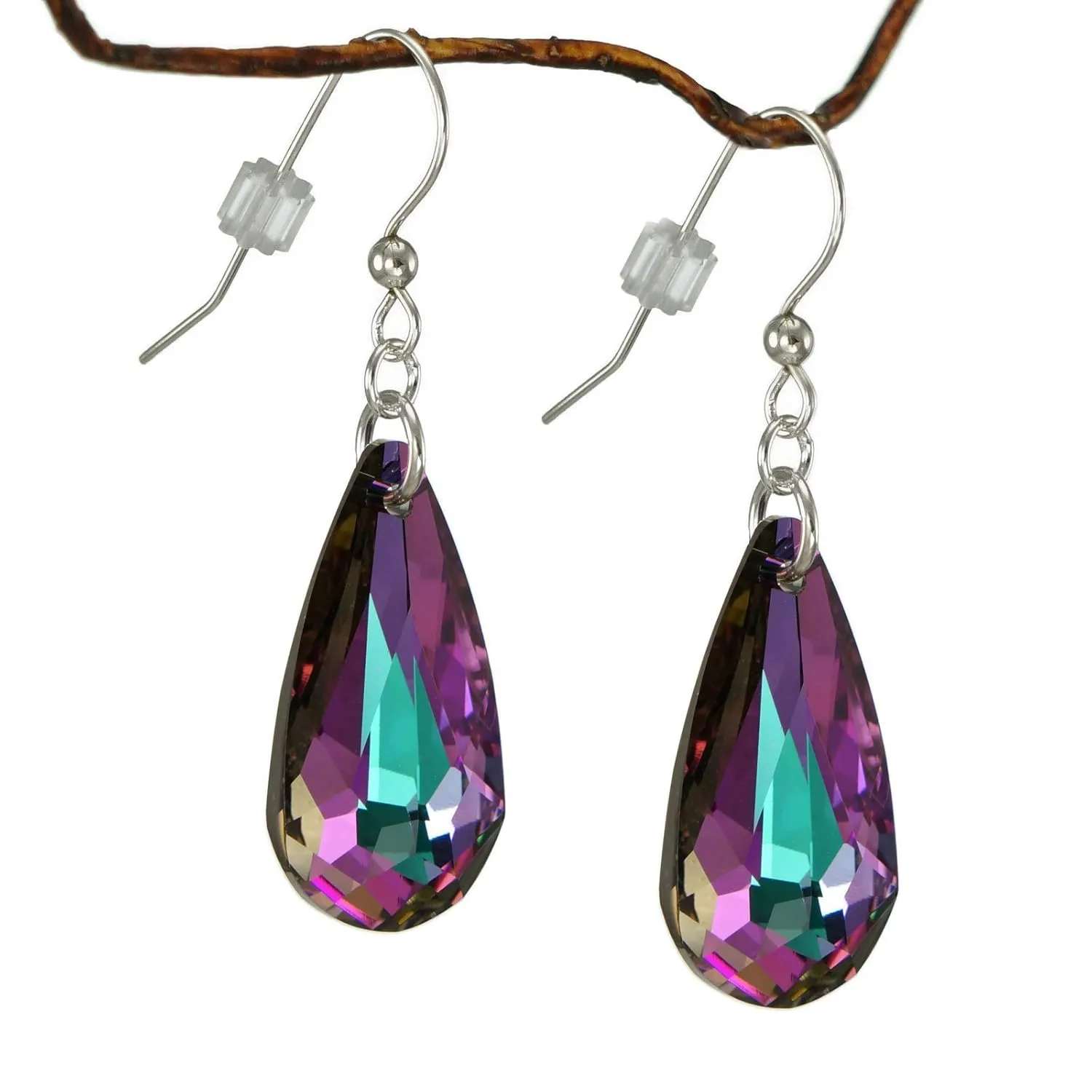 One Pair 24mm Austrian Crystal Teardrop Sterling Silver or Clip-On Earrings  Color Choices (vitrail light, sterling silver earwires)
