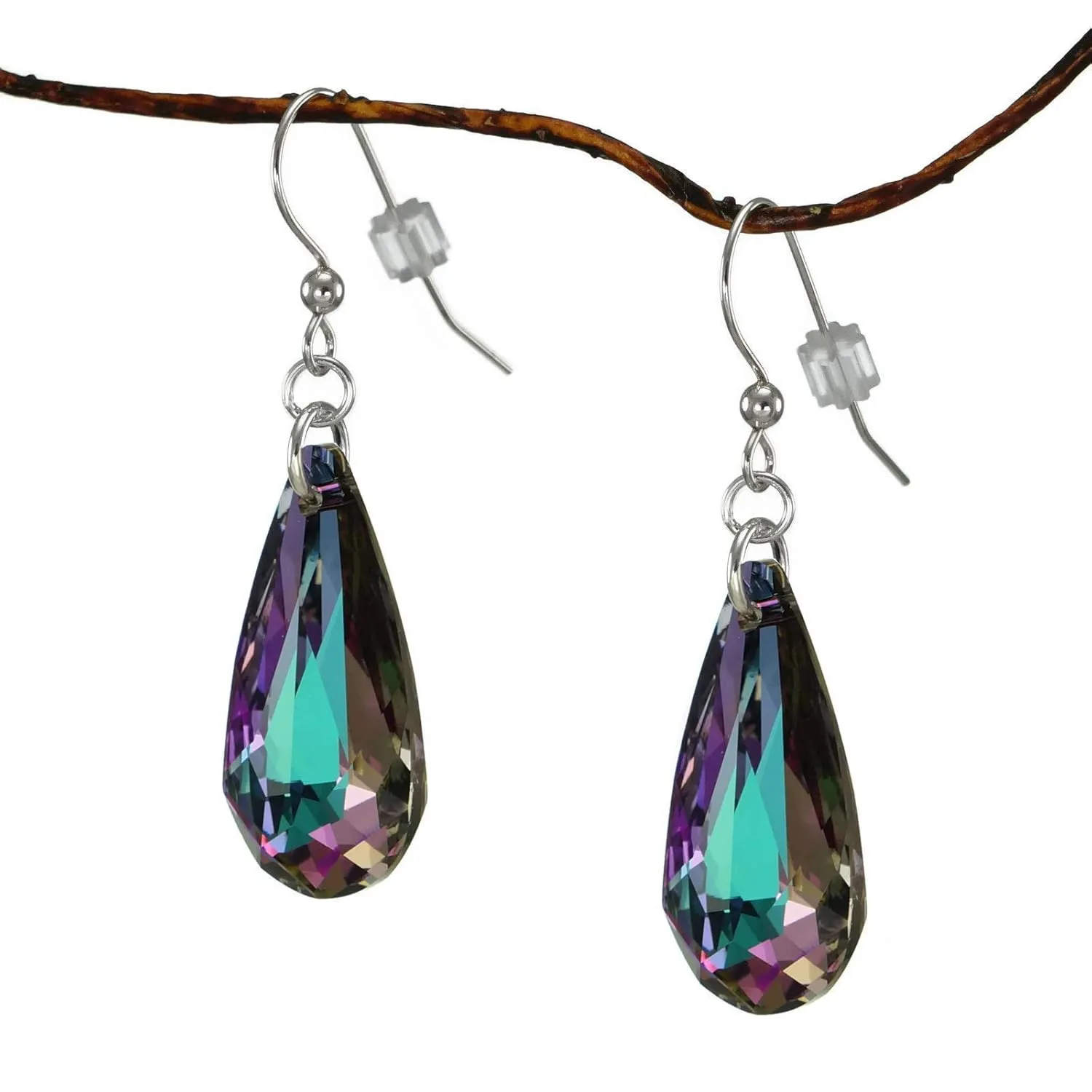 One Pair 24mm Austrian Crystal Teardrop Sterling Silver or Clip-On Earrings  Color Choices (vitrail light, sterling silver earwires)
