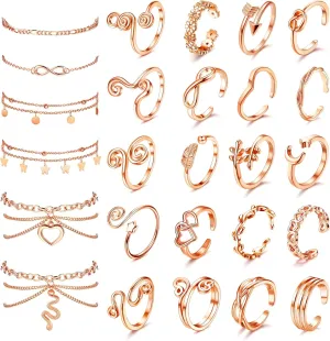 ORAZIO Toe Rings and Ankle Bracelets for Women Silver Rose Gold Plated Anklet Toe Rings Cute Layered Anklets Open Tail Rings Adjustable Beach Foot Jewelry for Summer