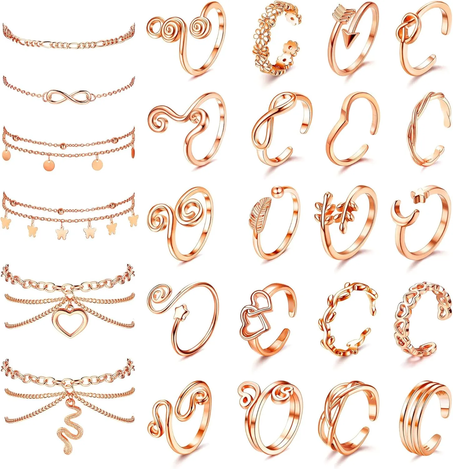 ORAZIO Toe Rings and Ankle Bracelets for Women Silver Rose Gold Plated Anklet Toe Rings Cute Layered Anklets Open Tail Rings Adjustable Beach Foot Jewelry for Summer
