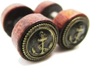 Organic Wood w/Metal Anchor Emblem Stud Post Earrings - New - Pair!
