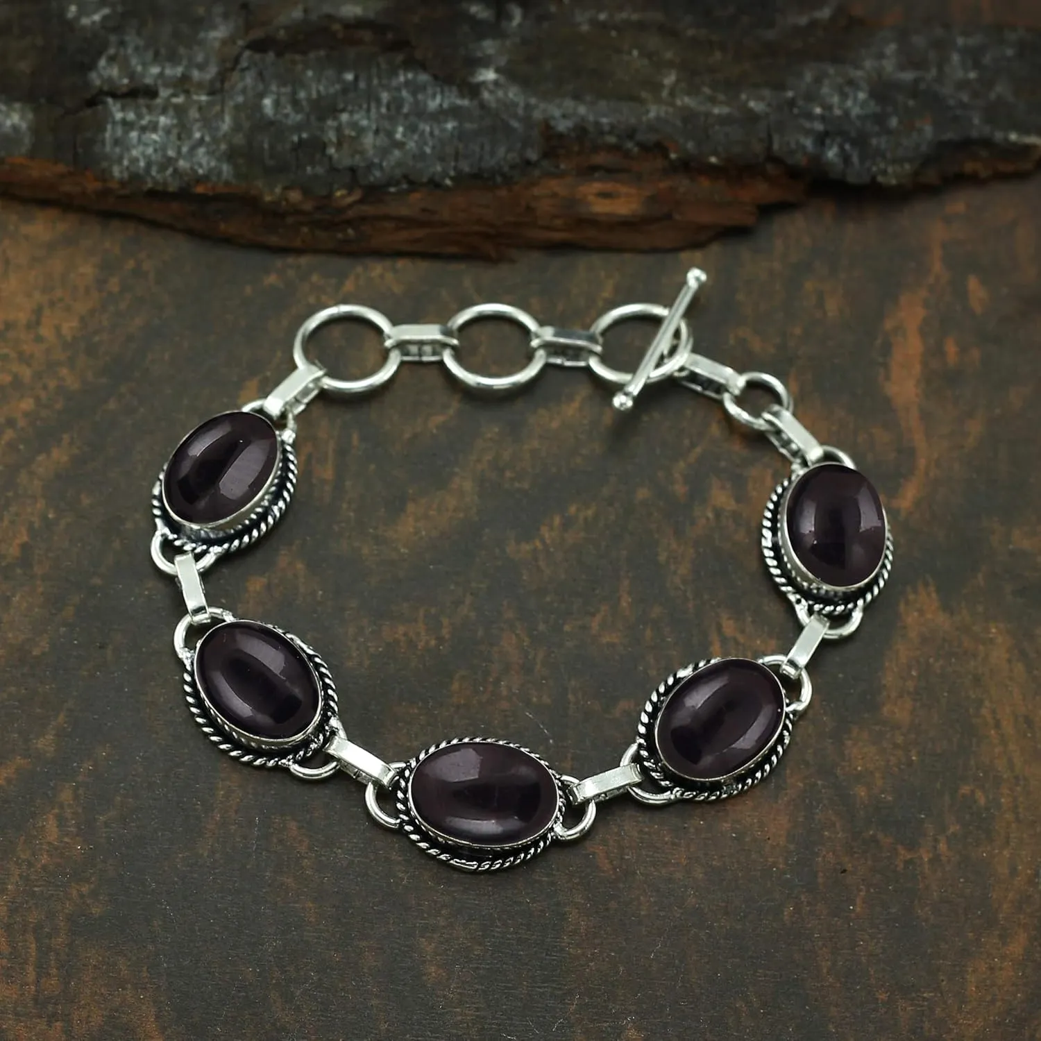 Oval Shape Natural & Synthetic Gemstones 925 Silver Plated Handmade Link Bracelets for Women - Birthstone Vintage Style Bohemian Adjustable Bracelet - Gifts for Wedding Anniversary Christmas