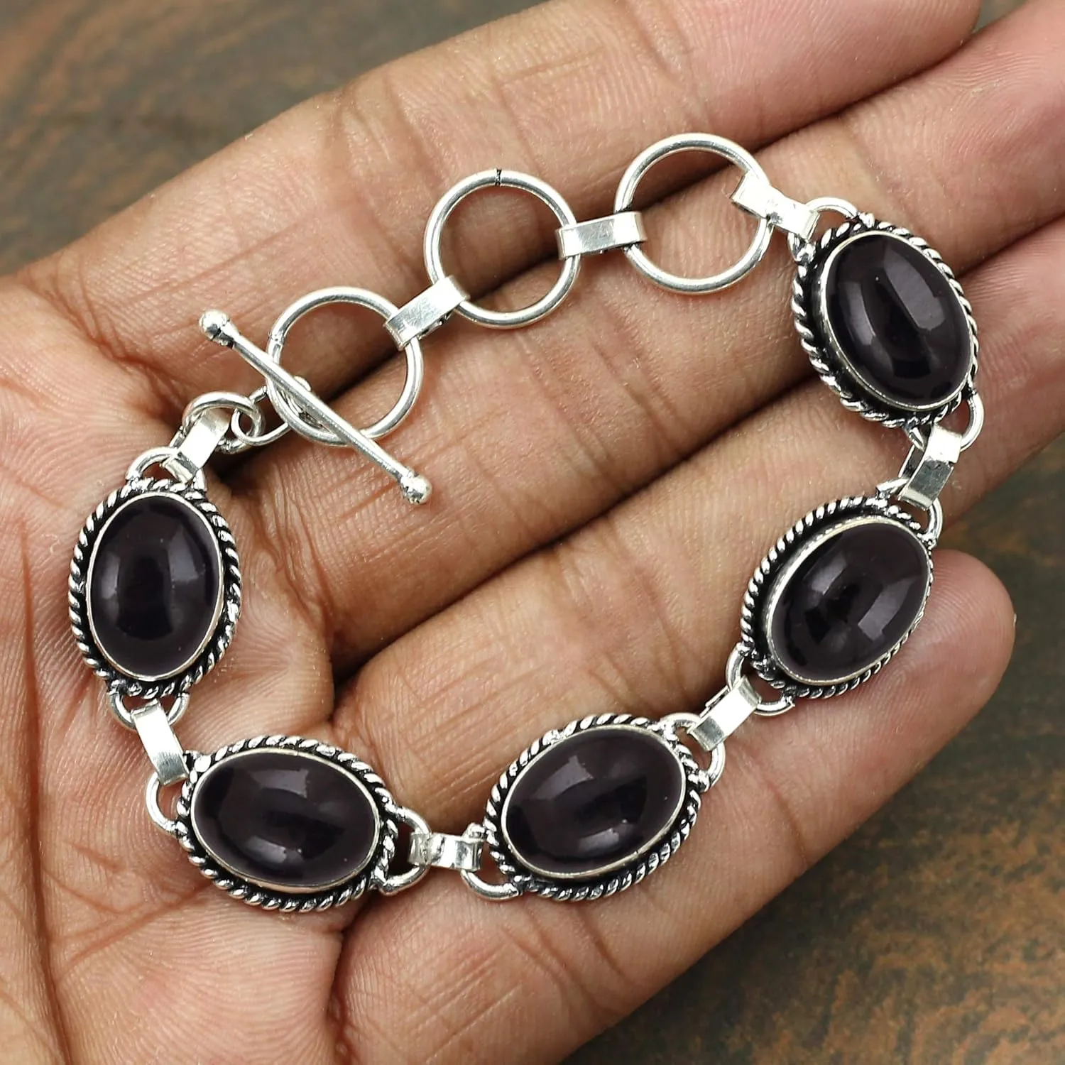Oval Shape Natural & Synthetic Gemstones 925 Silver Plated Handmade Link Bracelets for Women - Birthstone Vintage Style Bohemian Adjustable Bracelet - Gifts for Wedding Anniversary Christmas