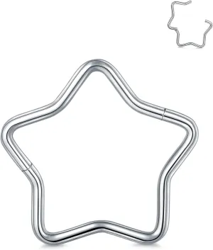 Oveta 1Piece Star Septum Nose Rings for Women, 16G Daith Helix Piercing Jewelry Titanium, Higned Segment Clicker Nose Ring Hoop 8/10mm, Silver/Gold