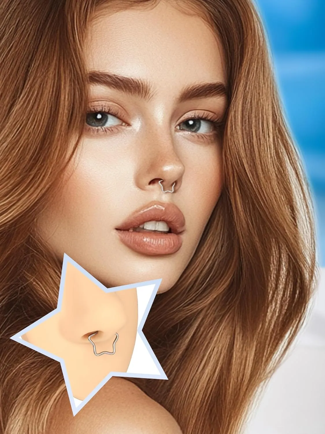 Oveta 1Piece Star Septum Nose Rings for Women, 16G Daith Helix Piercing Jewelry Titanium, Higned Segment Clicker Nose Ring Hoop 8/10mm, Silver/Gold