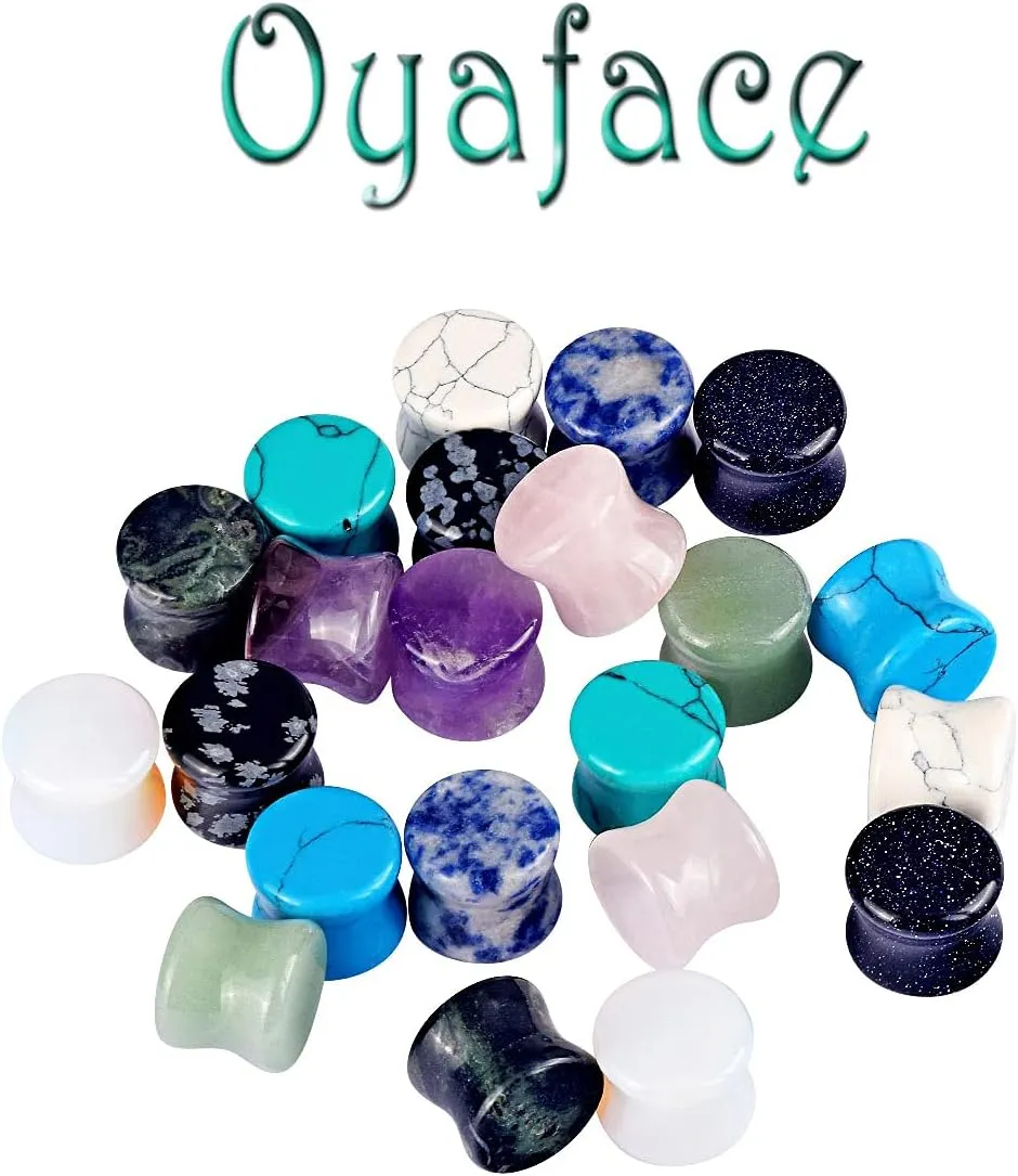 Oyaface 22 Pcs Mixed Stone Ear Plugs Kit Stretching Earrings Gauges Set Saddle Double Flare Expander Tunnels for Men Women Earrings Body Piercing Jewelry
