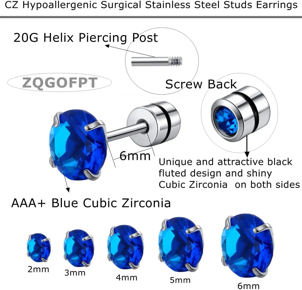 Pack of Stainless Steel Round CZ Screw Back Earrings Hypoallergenic for Sensitive Ears, 20G Cartilage Piercing Ears Set Jewelry for Women Men 2-6mm