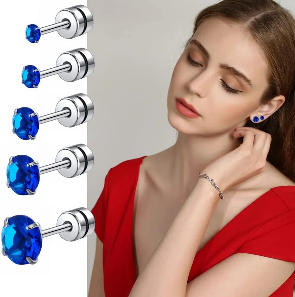 Pack of Stainless Steel Round CZ Screw Back Earrings Hypoallergenic for Sensitive Ears, 20G Cartilage Piercing Ears Set Jewelry for Women Men 2-6mm