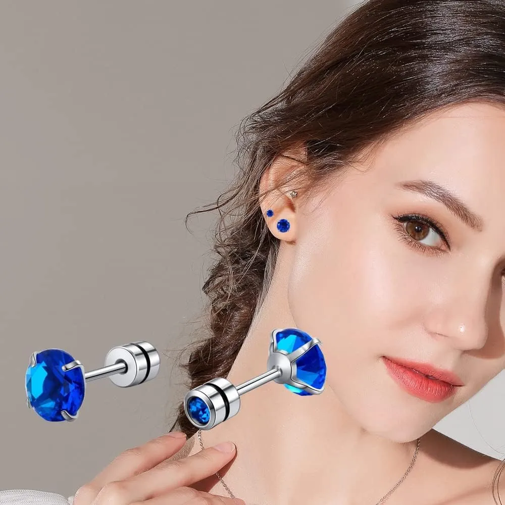 Pack of Stainless Steel Round CZ Screw Back Earrings Hypoallergenic for Sensitive Ears, 20G Cartilage Piercing Ears Set Jewelry for Women Men 2-6mm