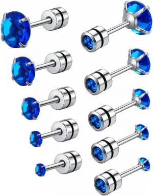 Pack of Stainless Steel Round CZ Screw Back Earrings Hypoallergenic for Sensitive Ears, 20G Cartilage Piercing Ears Set Jewelry for Women Men 2-6mm